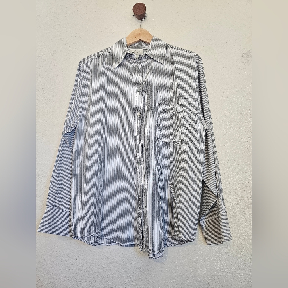 Vintage Classic Blue Striped Kathy Lee Women's 100% Silk Button-up Shirt